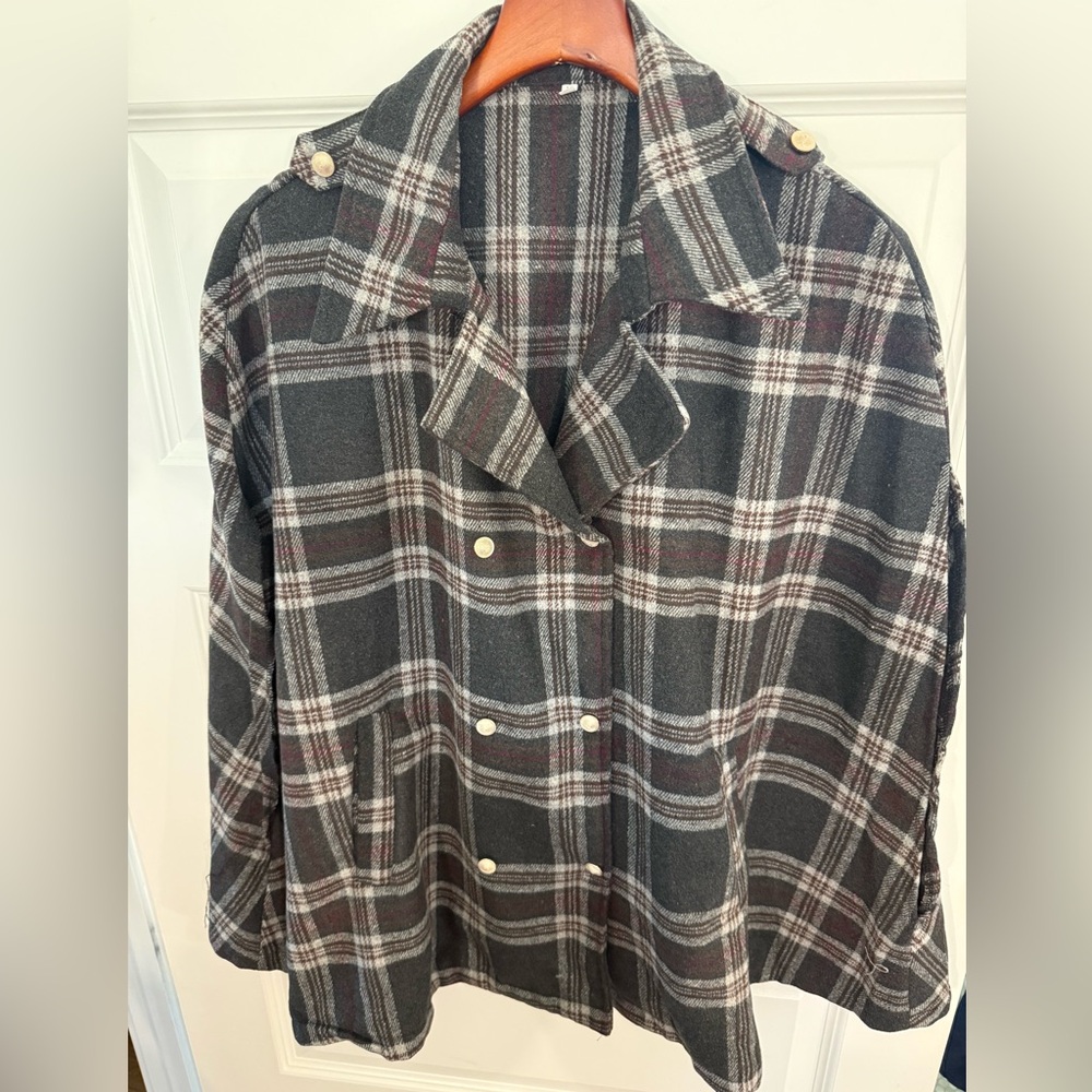 Plaid Double-Breasted Women's Coat Jacket - Dark Gray and Brown